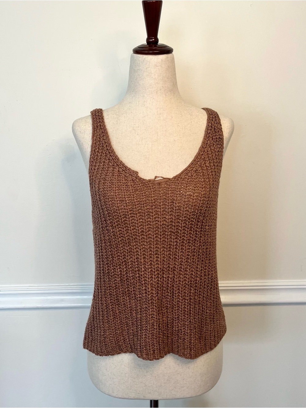 Women's Brown Open Knit Scoop Neck Tank Top